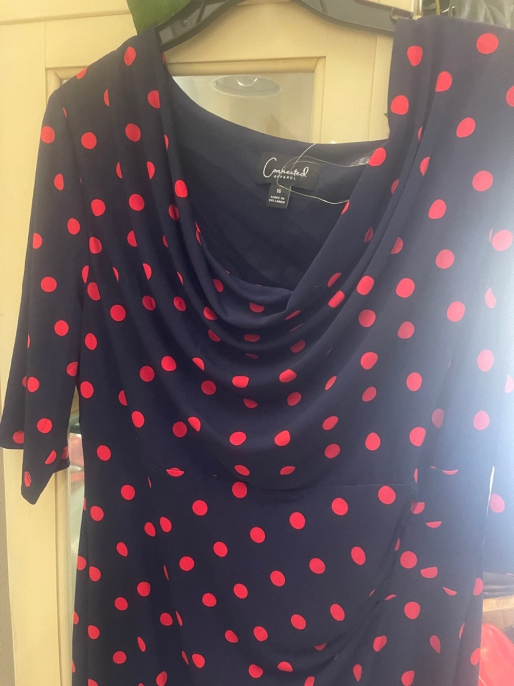 Connected Apparel Navy Dress with Red Polka Dots and Cowl Neck